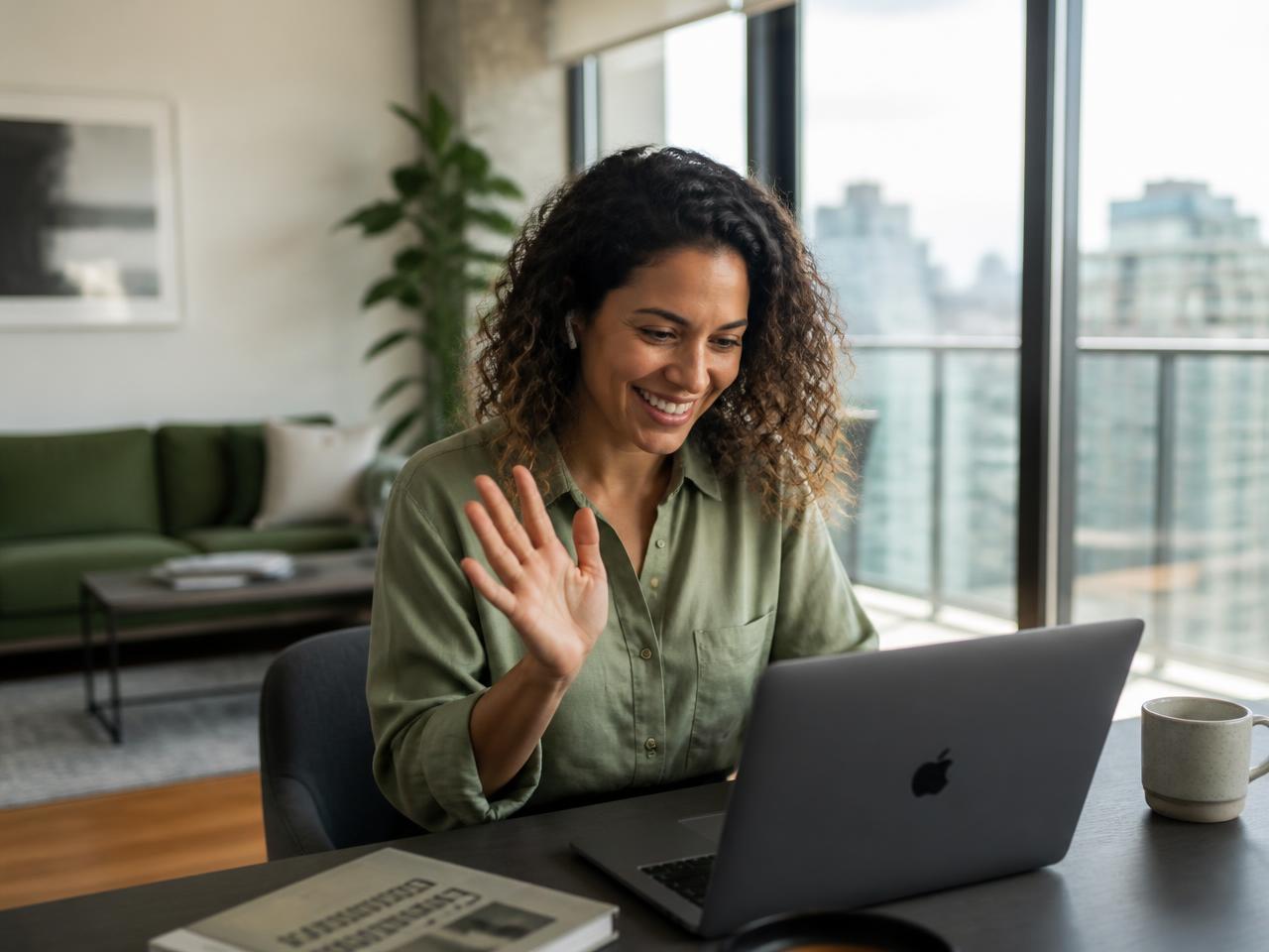 Brasileira morando no exterior em reunião por videochamada no notebook