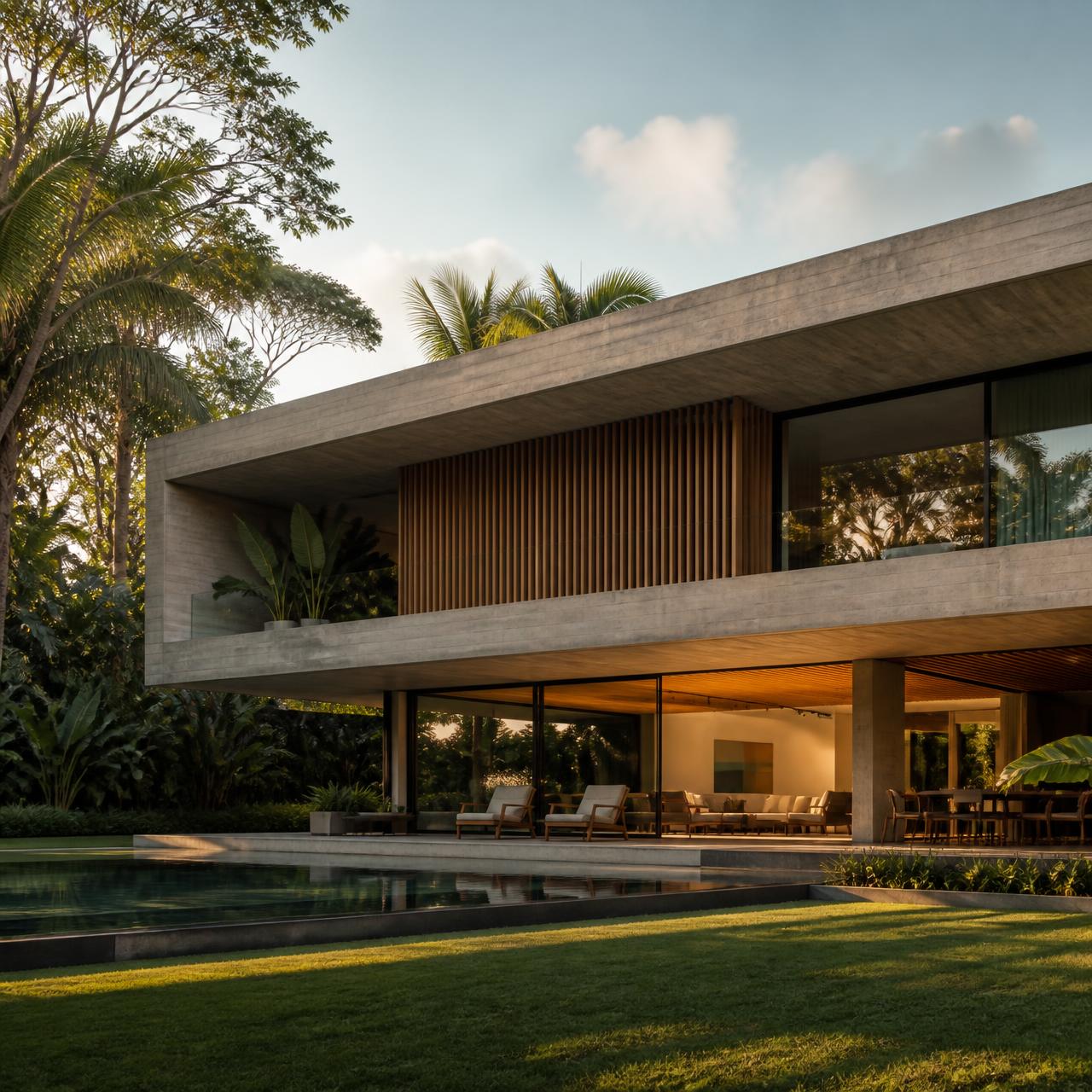 Casa contemporânea brasileira em concreto e madeira, com jardim tropical e piscina